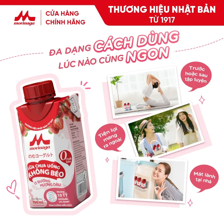 Ảnh Sữa Chua Uống Không Béo Morinaga vị dâu 190 ml - Ít đường, ít calo, 10 tỷ lợi khuẩn - Tăng miễn dịch 4