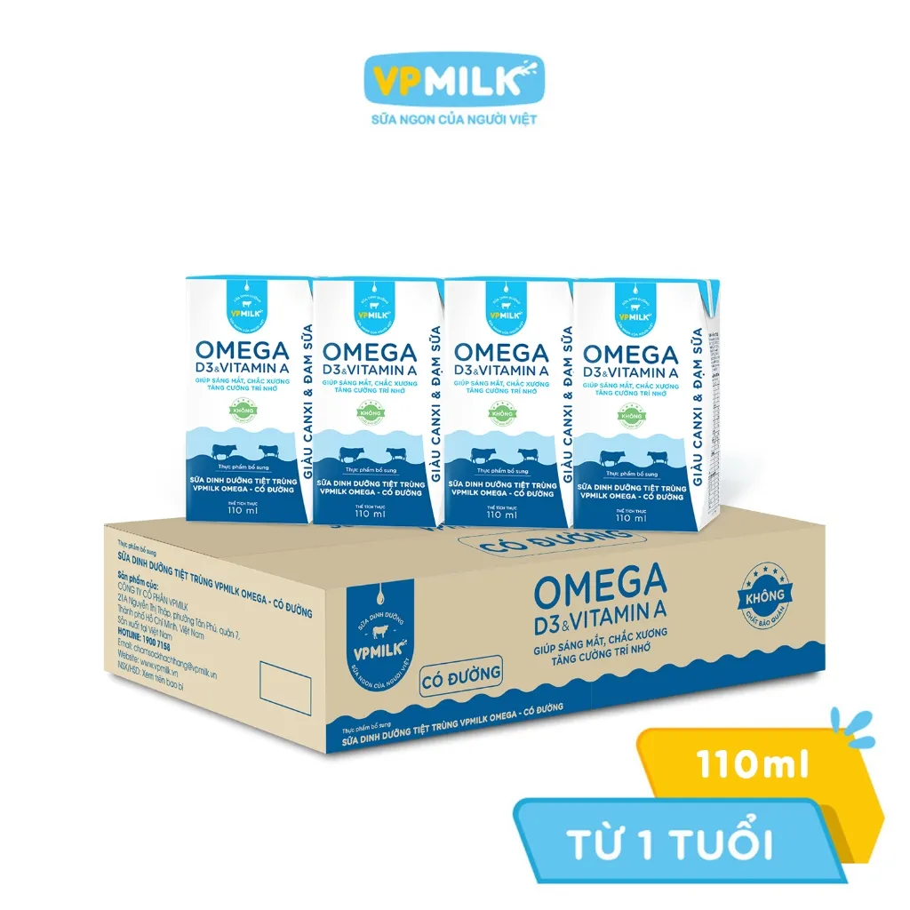 Ảnh Sữa Dinh Dưỡng Tiệt Trùng VPMilk Omega Có Đường dạng hộp 110ml (thùng 48 hộp) 2