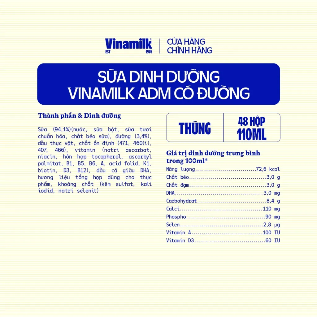 Ảnh Sữa dinh dưỡng Vinamilk ADM Có Đường - Thùng 48 hộp 110ml 3