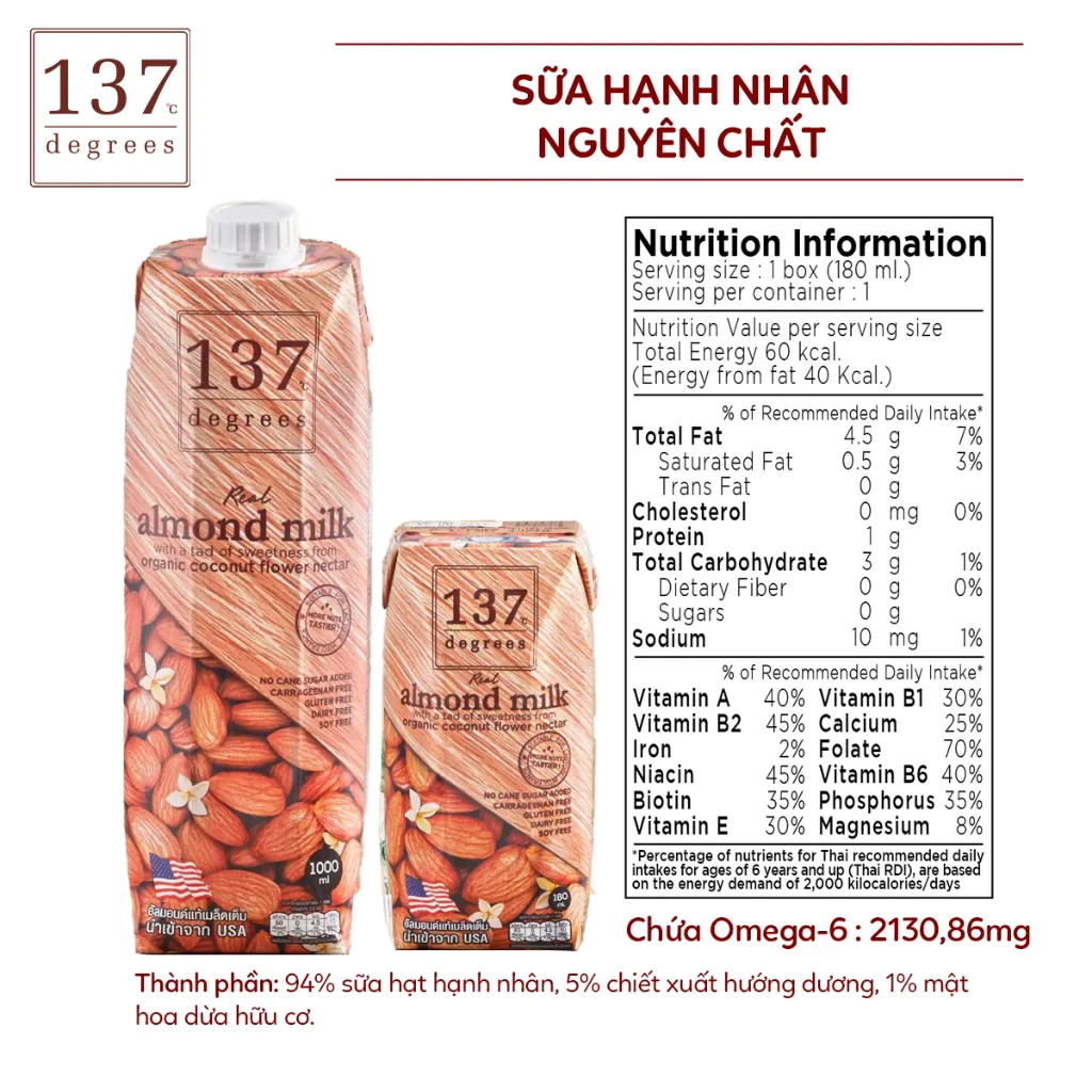 Ảnh Sữa hạt Hạnh Nhân Nguyên Chất 137 Degrees 180ml Dinh Dưỡng Healthy Nhập Khẩu Thái Lan 4