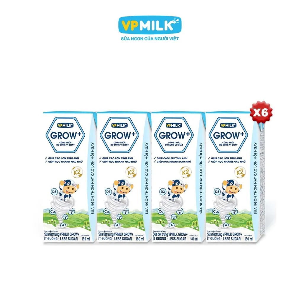 Ảnh Sữa Tiệt Trùng VPMilk Grow+ ít đường thể tích 180ml (lốc 4 hộp x 6) 2