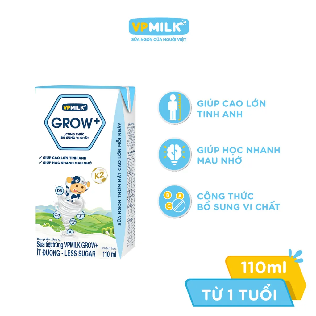 Ảnh Sữa Tiệt Trùng VPMilk Grow+ Ít Đường 110ml Cho Bé Từ 1 Tuổi (4 hộp x 6) 2