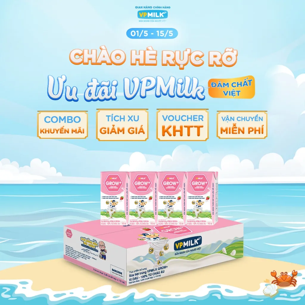 Ảnh Sữa tiệt trùng VPMilk Grow+ vị dâu 110ml (thùng 48 hộp) 1