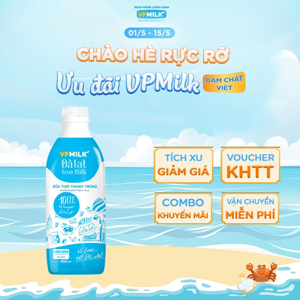 Ảnh Sữa Tươi Thanh Trùng VPMilk Đà Lạt True Milk - không đường 950ml 1