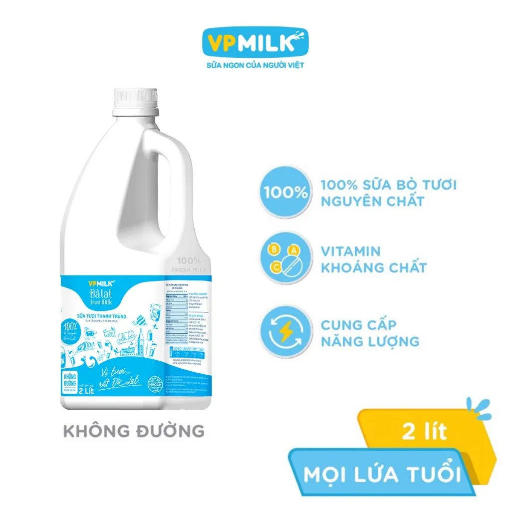 Ảnh Sữa Tươi Thanh Trùng VPMilk Đà Lạt True Milk - Không Đường 2 Lít 2