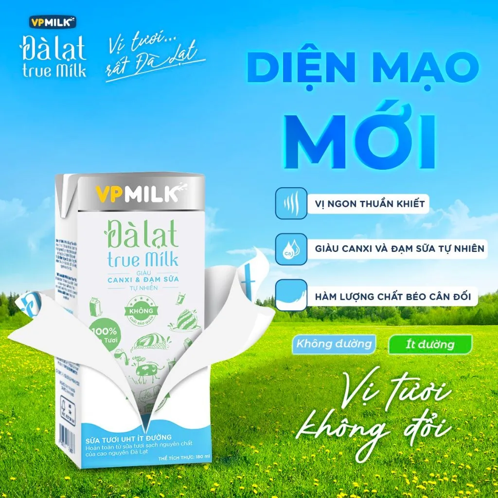 Ảnh Sữa tươi UHT Đà Lạt True Milk VPMilk ít đường 180ml (thùng 48 hộp) 2