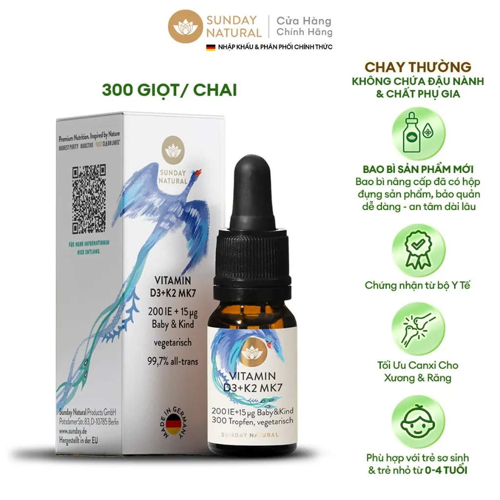 Ảnh Sunday Natural Vitamin D3K2 Cho Bé 0-4 Tuổi, Tăng Hấp Thu Canxi, Tăng Cường Miễn Dịch, Chay thường 1