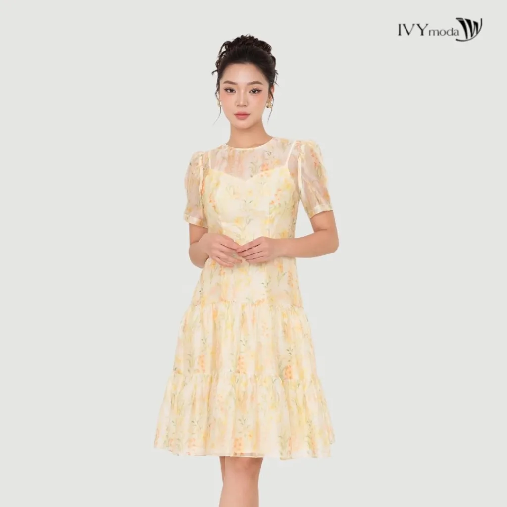 Ảnh Sunpetal Dress – Đầm Tencel hoa vàng pastel, Đầm công sở nữ IVY moda MS 48T0270 1