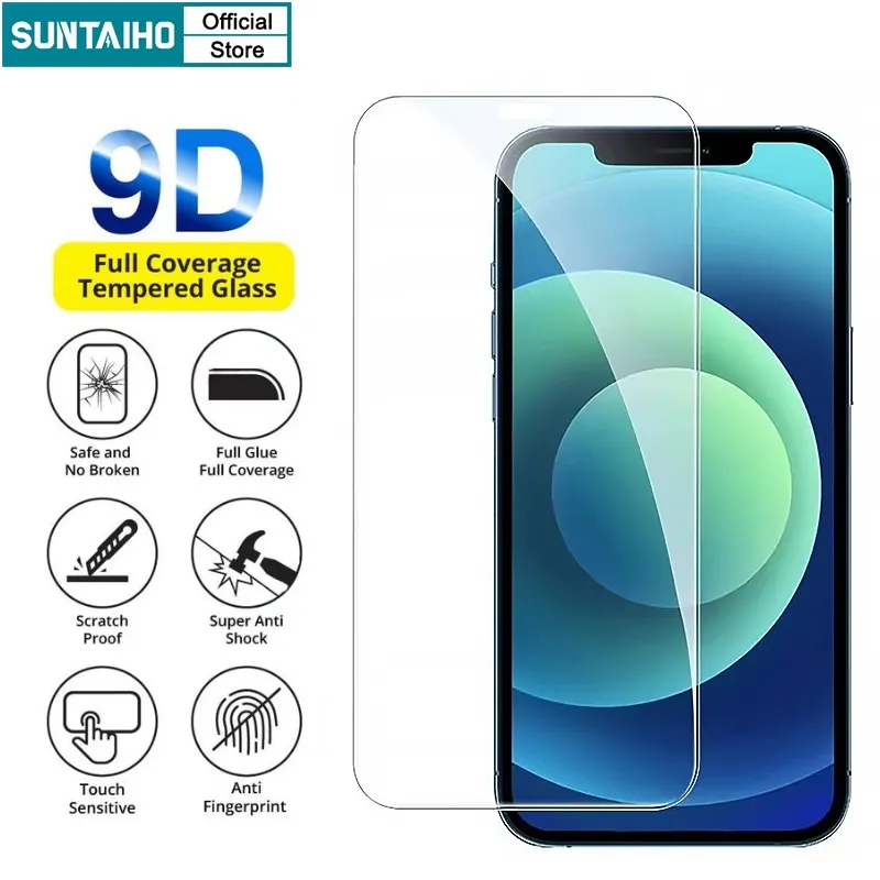 Ảnh Suntaiho Chất lượng cao iphone 9D Full Cover Kính cường lực Bảo Vệ Toàn Màn Hình Tự Dán Cho Iphone 11 12 13 14 15 Pro Max IP 7 8 14 Plus Iphon X Xs Xr XsMax Bảo vệ màn hình chống cháy nổ 3