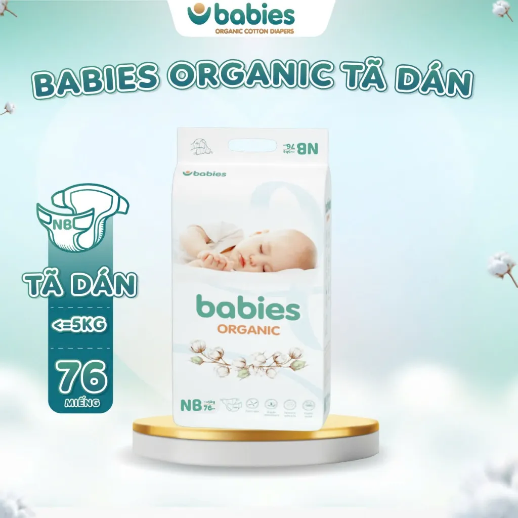 Ảnh Tã Dán BABIES ORGANIC Size NEWBORN (<=5kg) 76 Miếng, Siêu Mềm Mịn, 2mm Mỏng Thoáng, Lô Hội Ngừa Hăm Bí 1