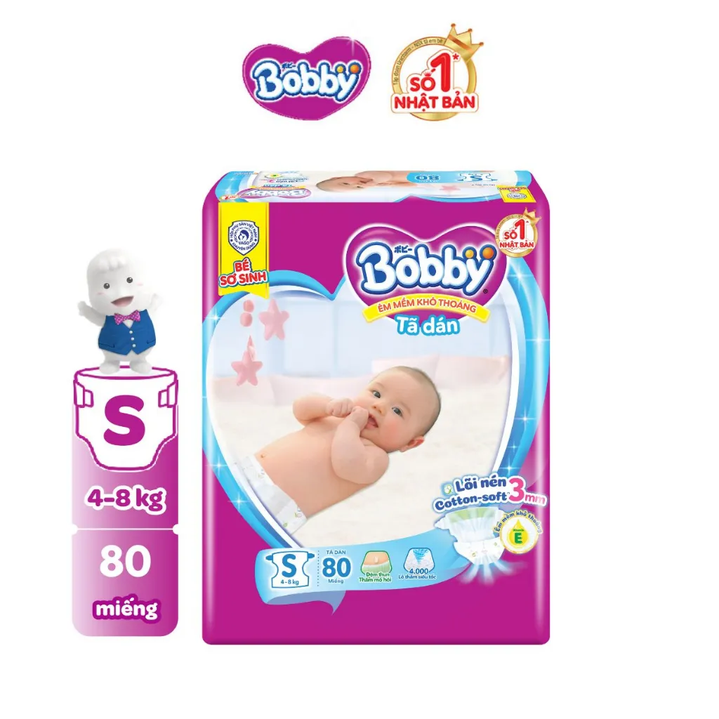 Ảnh Tã dán Bobby S80/M76/L68/XL62/XXL56 mới- Lõi nén cotton-soft 3mm:S80 4