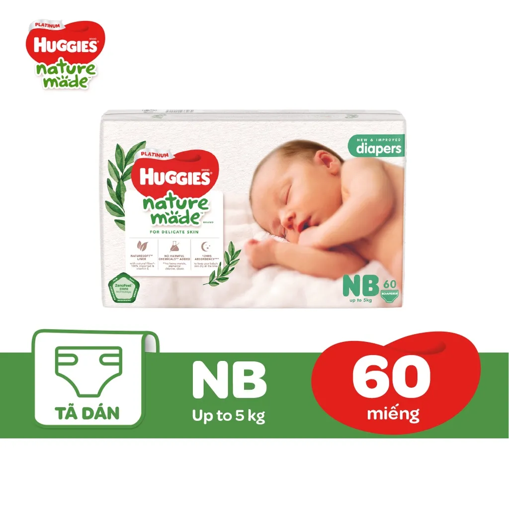 Ảnh Tã Dán Huggies Platinum Nature Made Size NB60/S82/M64/L54/XL44/XXL36 1