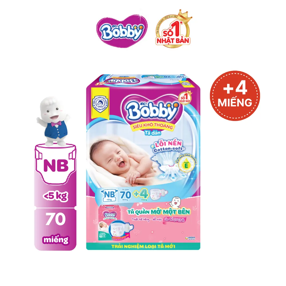 Ảnh Tã dán sơ sinh Bobby NB70/S54/M46 mới- Lõi nén cotton-soft 3mm 3