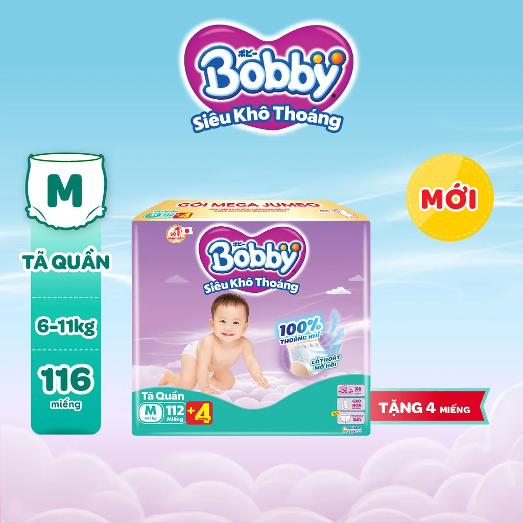 Ảnh Tã quần Bobby Siêu Khô Thoáng - 100% Thoáng Khí Mega Jumbo  M112/L96/XL84/XXL76 1