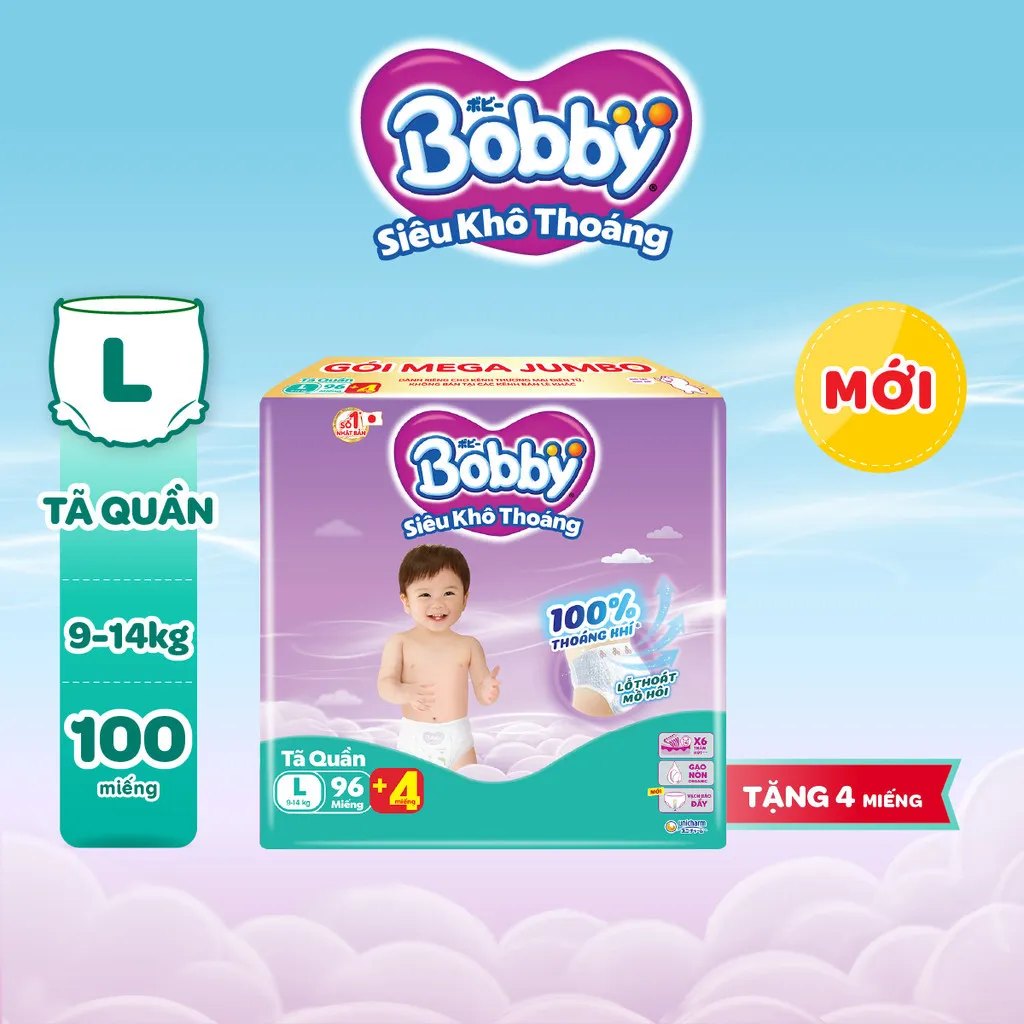 Ảnh Tã quần Bobby Siêu Khô Thoáng - 100% Thoáng Khí Mega Jumbo  M112/L96/XL84/XXL76 2