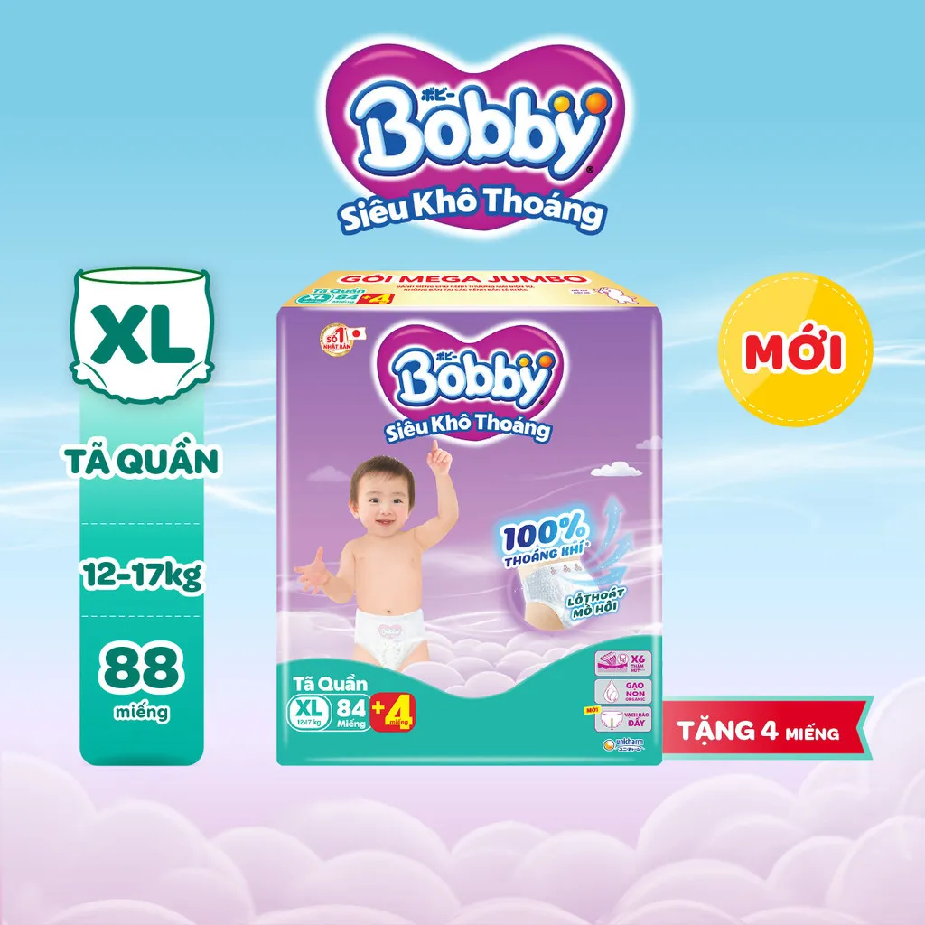 Ảnh Tã quần Bobby Siêu Khô Thoáng - 100% Thoáng Khí Mega Jumbo  M112/L96/XL84/XXL76 3
