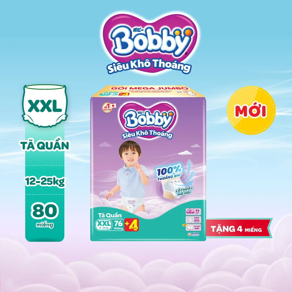 Ảnh Tã quần Bobby Siêu Khô Thoáng - 100% Thoáng Khí Mega Jumbo  M112/L96/XL84/XXL76 4