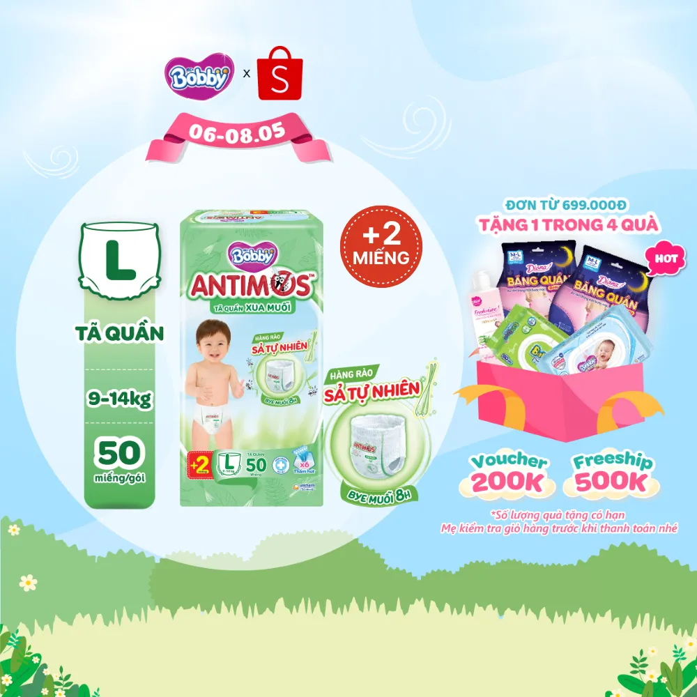 Ảnh Tã Quần Xua Muỗi Bobby Antimos – Hàng rào Sả tự nhiên Bye Muỗi 8H - M52/L50+2/XL48+4/XXL46+6 1