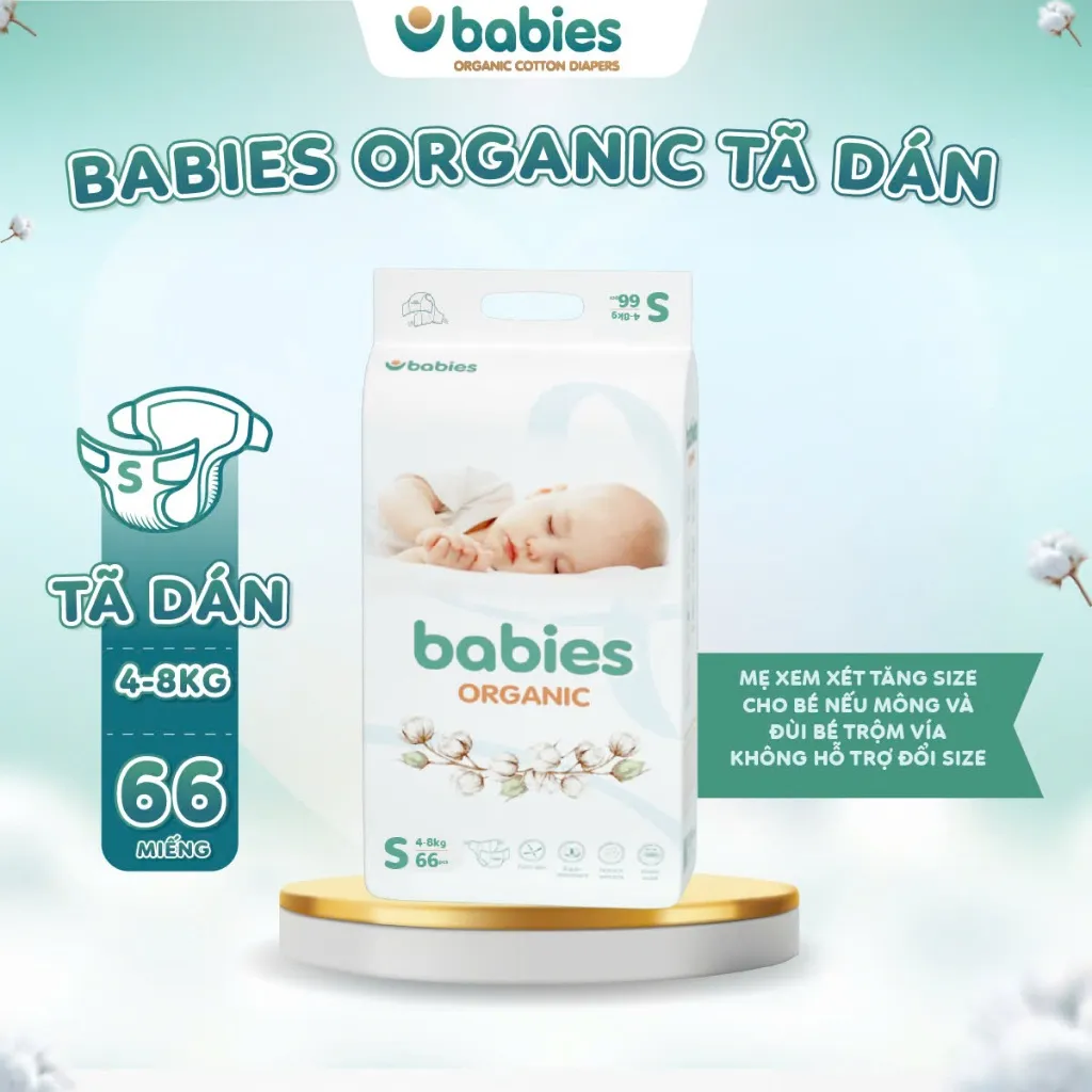 Ảnh Tã/Bỉm BABIES ORGANIC Size Dán S (4-8Kg) 66 Miếng, Thương Hiệu Việt, Siêu Mềm Mịn, Thấm Hút 1400ml 1