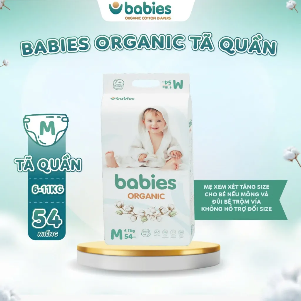 Ảnh Tã/Bỉm BABIES ORGANIC Size Quần M (6-11Kg) 54 Miếng, Thương Hiệu Việt, Siêu Mềm Mịn, Thấm Hút 1400ml 1