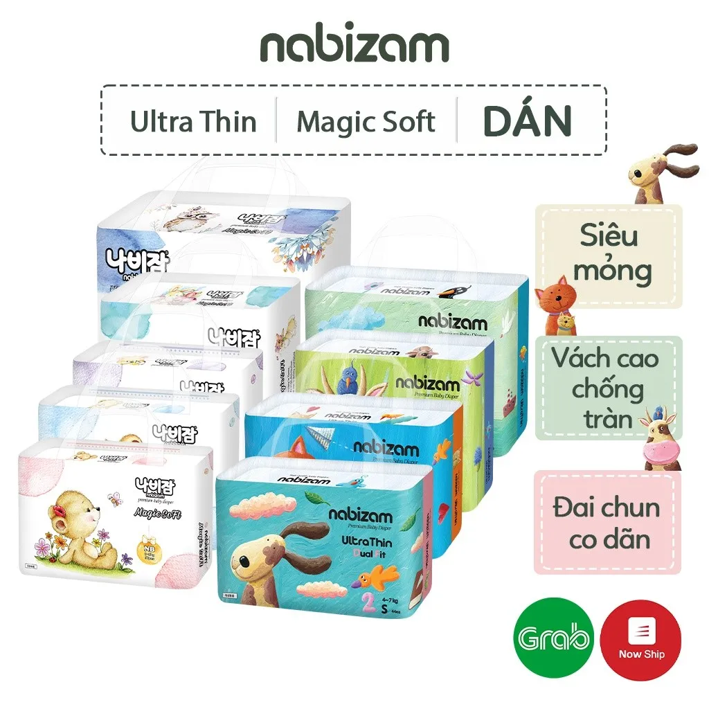 Ảnh Tã/Bỉm Dán NABIZAM Cao Cấp Mỏng Nhẹ, Khô Thoáng Chống Tràn Phù Hợp Dùng Ban Ngày, Đủ Size Từ 4-15kg, 32-50 Miếng/Bịch 1