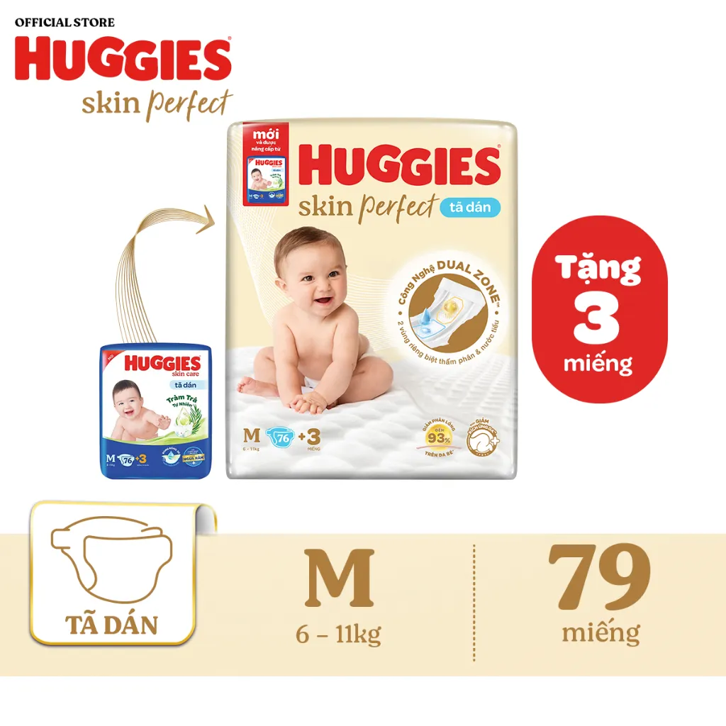 Ảnh Tã/bỉm dán sơ sinh Huggies Skin Perfect M 76+3 miếng với 2 vùng thấm giảm kích ứng da 1