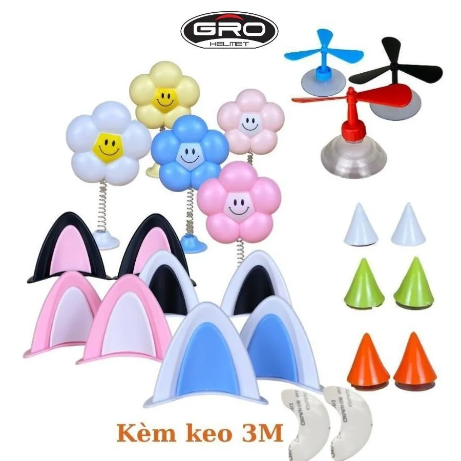 Ảnh Tai mèo Hoa Sừng nhỏ Chong chóng gắn mũ bảo hiểm, gắn xe máy, gắn ô tô phụ kiện xe, trang trí bàn học siêu cute Tặng keo 1