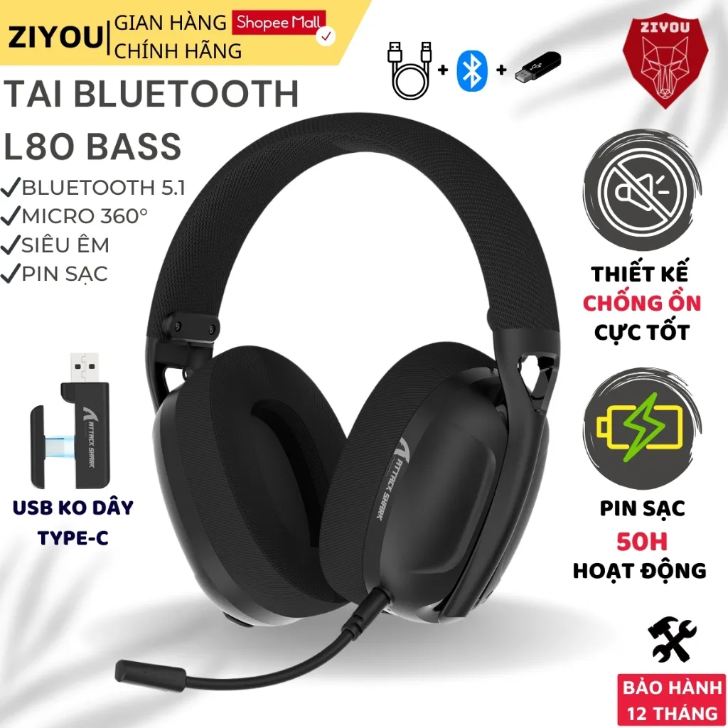 Ảnh Tai Nghe Bluetooth Chụp Tai Không Dây Headphone Attack Shark L80 Âm Bass 3D Chơi Game Giải Trí 1
