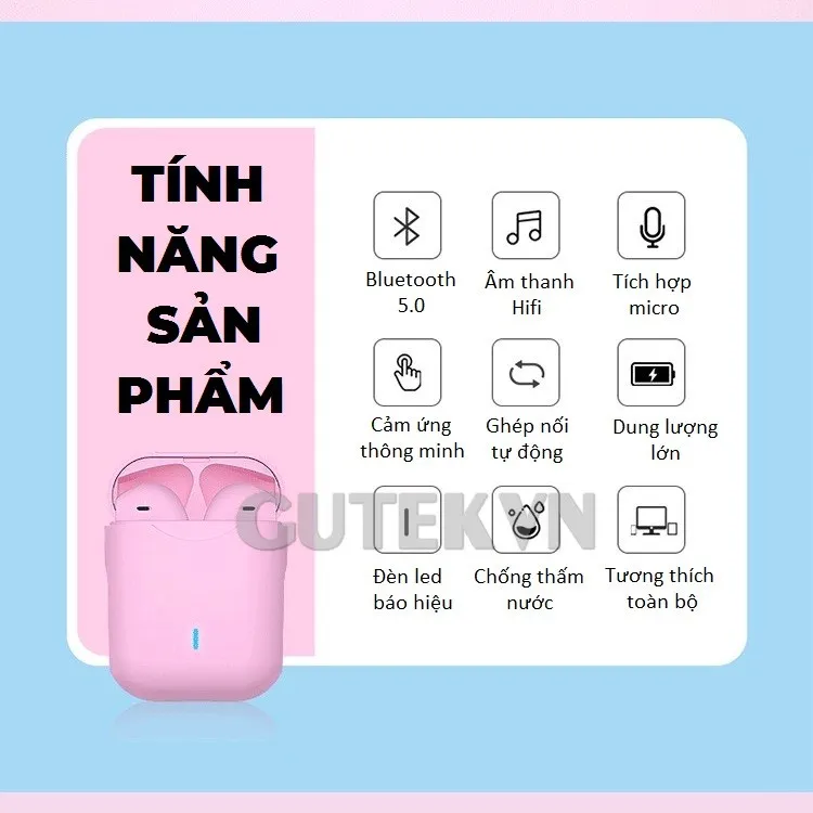 Ảnh Tai nghe bluetooth không dây Gutek i12 Pro v5.0 nút cảm ứng có mic đàm thoại âm thanh HIFI 1