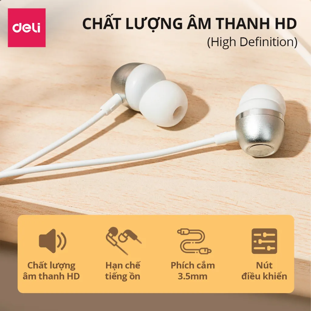 Ảnh Tai Nghe Chống Ồn DELI Chân Cắm 3.5mm Tiện Dụng, Nút Điều Khiển Tăng Giảm Âm Lượng Tai Nghe In-Ear 1
