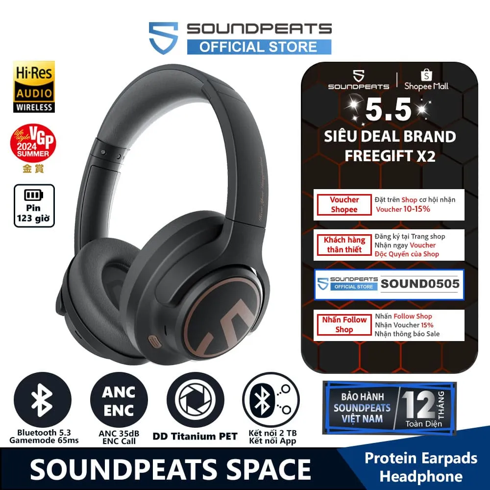 Ảnh Tai Nghe Chụp Tai Bluetooth SoundPEATS Space | Pin 123 Giờ | DD Titan PET | Bluetooth 5.3 1