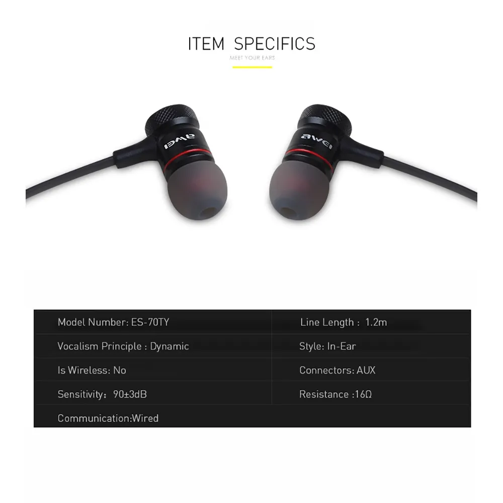 Ảnh Tai nghe có dây AWEI ES-70TY chân 3.5mm Nhét Tai Âm Thanh Siêu Trầm Có Mic 2