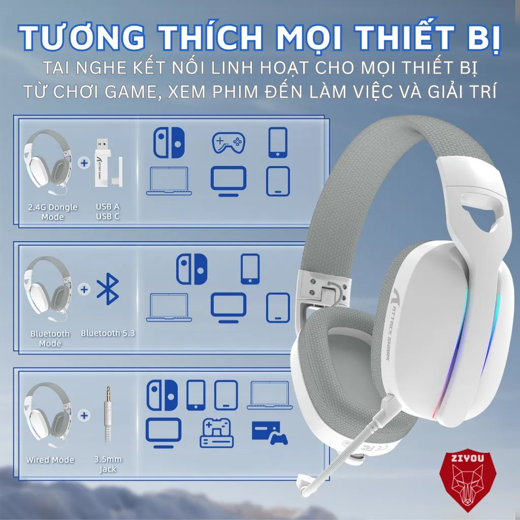 Ảnh Tai Nghe Gaming Headphone Không Dây Ziyou Attack Shark L90 Bluetooth 5.3, Âm Thanh Vòm 7.1, LED RGB 3
