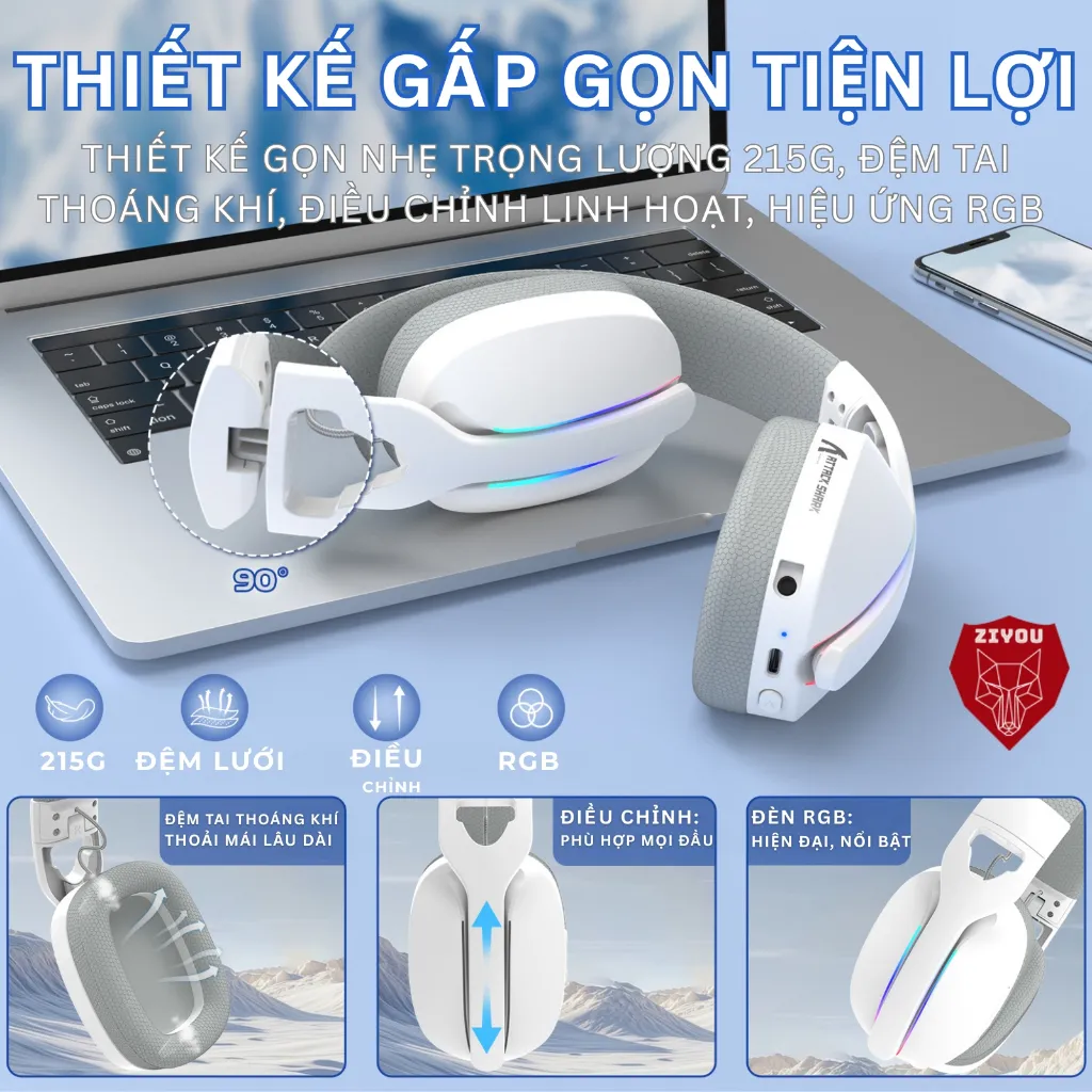 Ảnh Tai Nghe Gaming Headphone Không Dây Ziyou Attack Shark L90 Bluetooth 5.3, Âm Thanh Vòm 7.1, LED RGB 4
