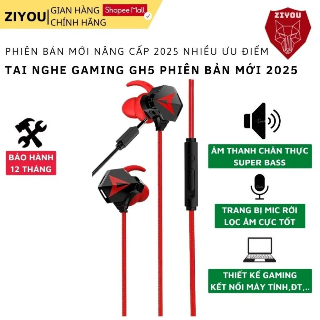 Ảnh Tai nghe gaming nhét tai ZIYOU GH5 âm thanh super bass, chống ồn cực tốt, có mic có thể tháo rời, tặng bộ phụ kiện 1