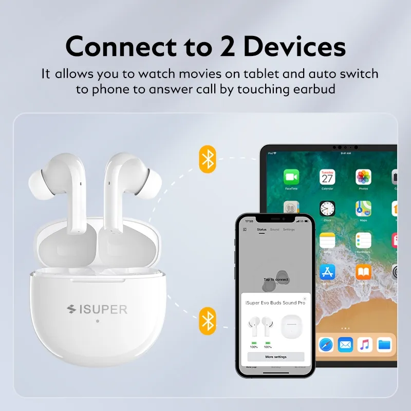 Ảnh Tai nghe iSuper Evo Buds Sound Pro Bluetooth V5.2 không dây QCC3040 aptX Voice 32kHz 4 Mic CVC HD Gọi Kết nối với 2 thiết bị 3