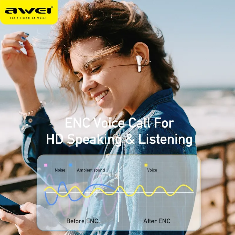 Ảnh Tai nghe không dây AWEI T61 chống ồn ENC TWS 5.3 Chống Nước IPX6 có Mic HD cảm ứng thông minh Âm Thanh HIFI 4
