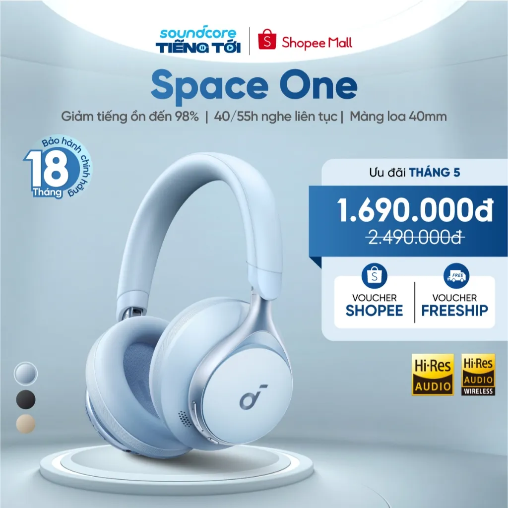 Ảnh Tai nghe không dây chụp tai soundcore Space One | Âm thanh Hi-res | Giảm ồn 98% | 55h phát nhạc 1