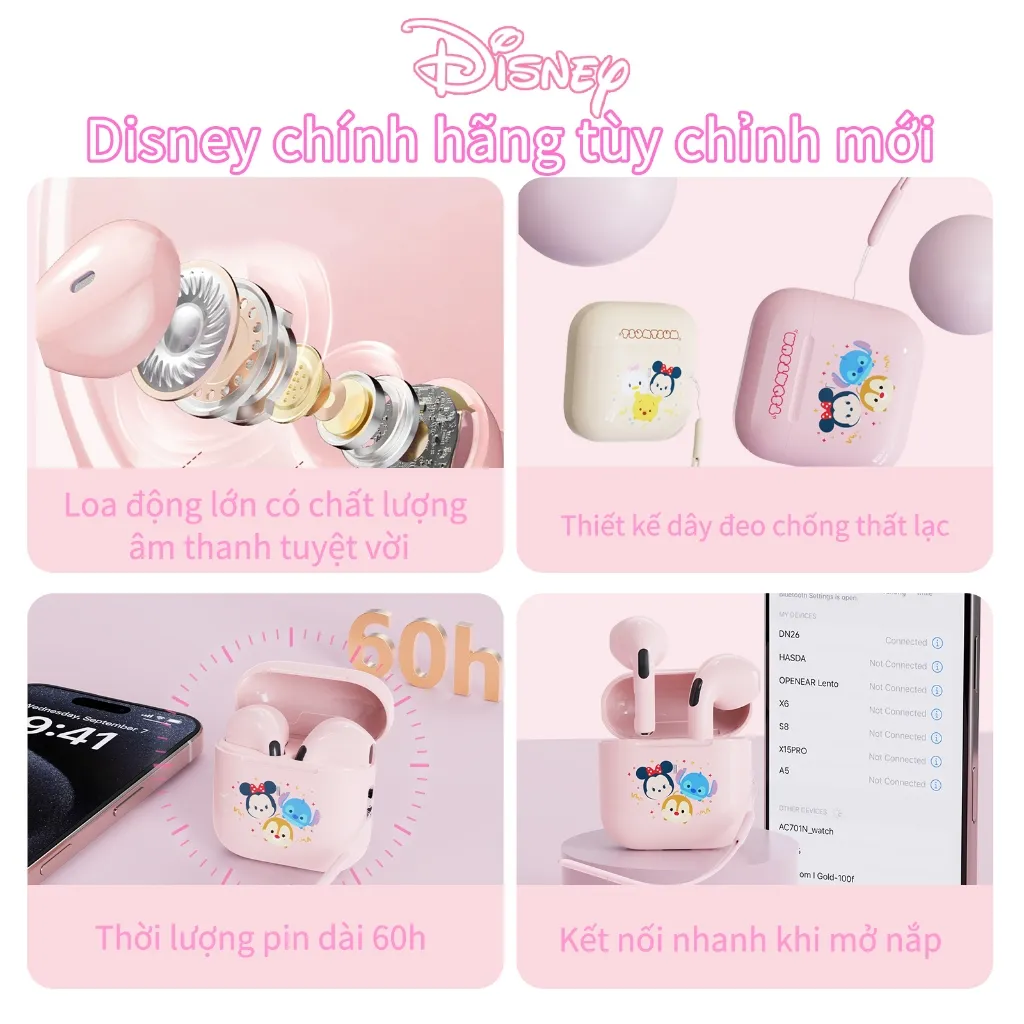 Ảnh Tai Nghe Nhét Tai Bluetooth Disney DN26 không dây Earphone Giảm Tiếng ồn dễ Thương ở chế độ Chờ Lâu Có Micrô Cho oxiaomi 2