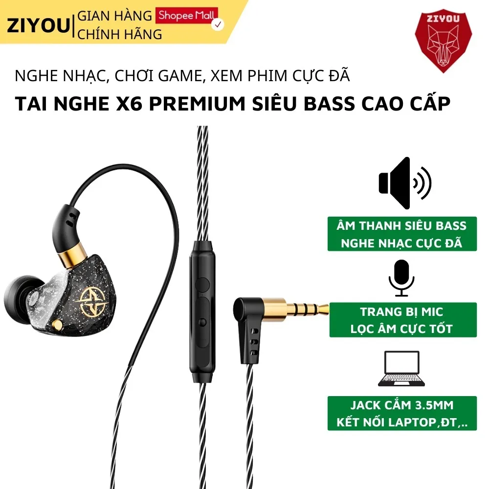 Ảnh Tai Nghe Nhét Tai Có Dây ZIYOU X6 Premium, Chống Ồn Cực Tốt, Âm Thanh Super Bass, Có Mic Nghe Nhạc Chơi Game Điện Thoại 1