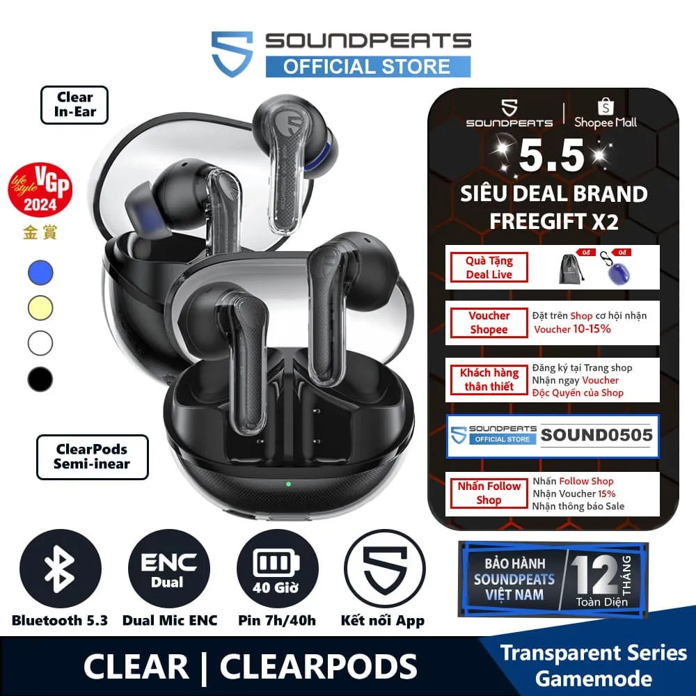 Ảnh Tai nghe True Wireless SoundPEATS Clear / ClearPods | Mic Kép ENC | Bluetooth 5.3 1