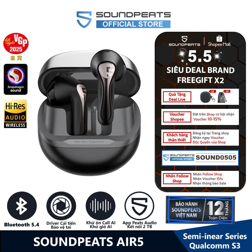 Ảnh Tai Nghe True Wireless SoundPEATS Air5 Aptx Adaptive Lossless Bluetooth 5.4 1
