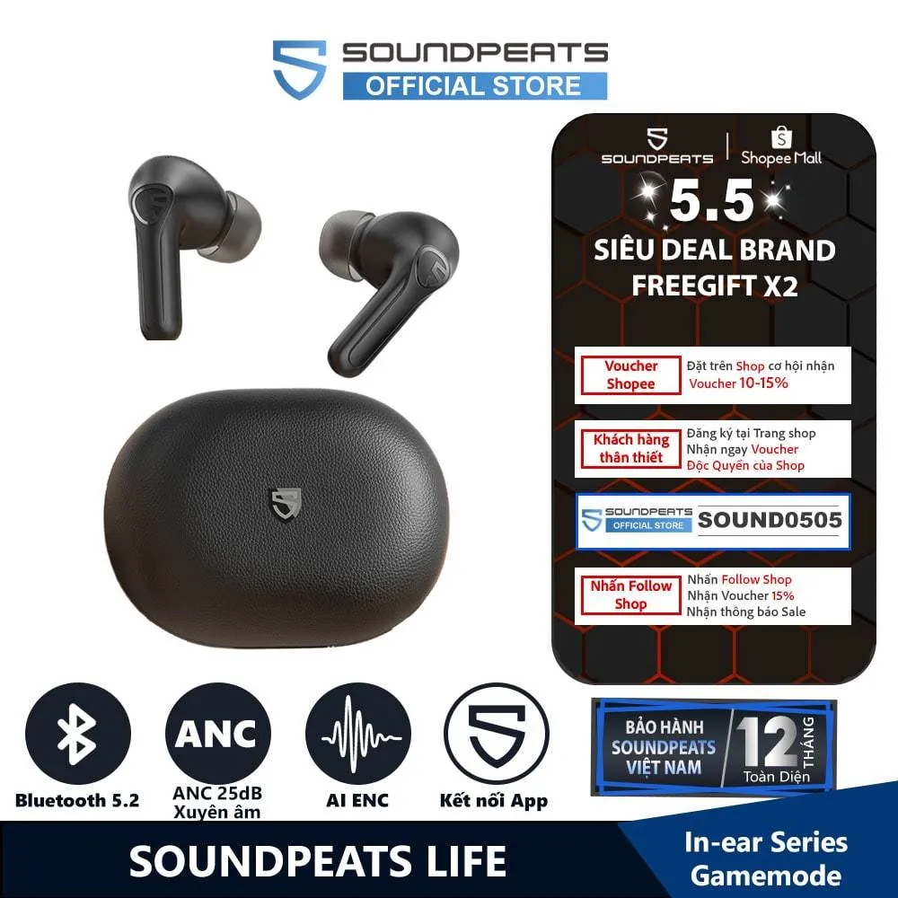 Ảnh Tai nghe True Wireless SoundPEATS Life | Case Giả Da | ANC 25dB | Bluetooth 5.2 (Đen) 1