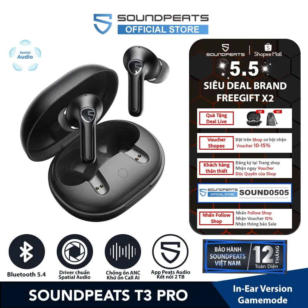 Ảnh Tai nghe True Wireless SoundPEATS T3 Pro ANC Spatial Audio Bluetooth 5.4 1