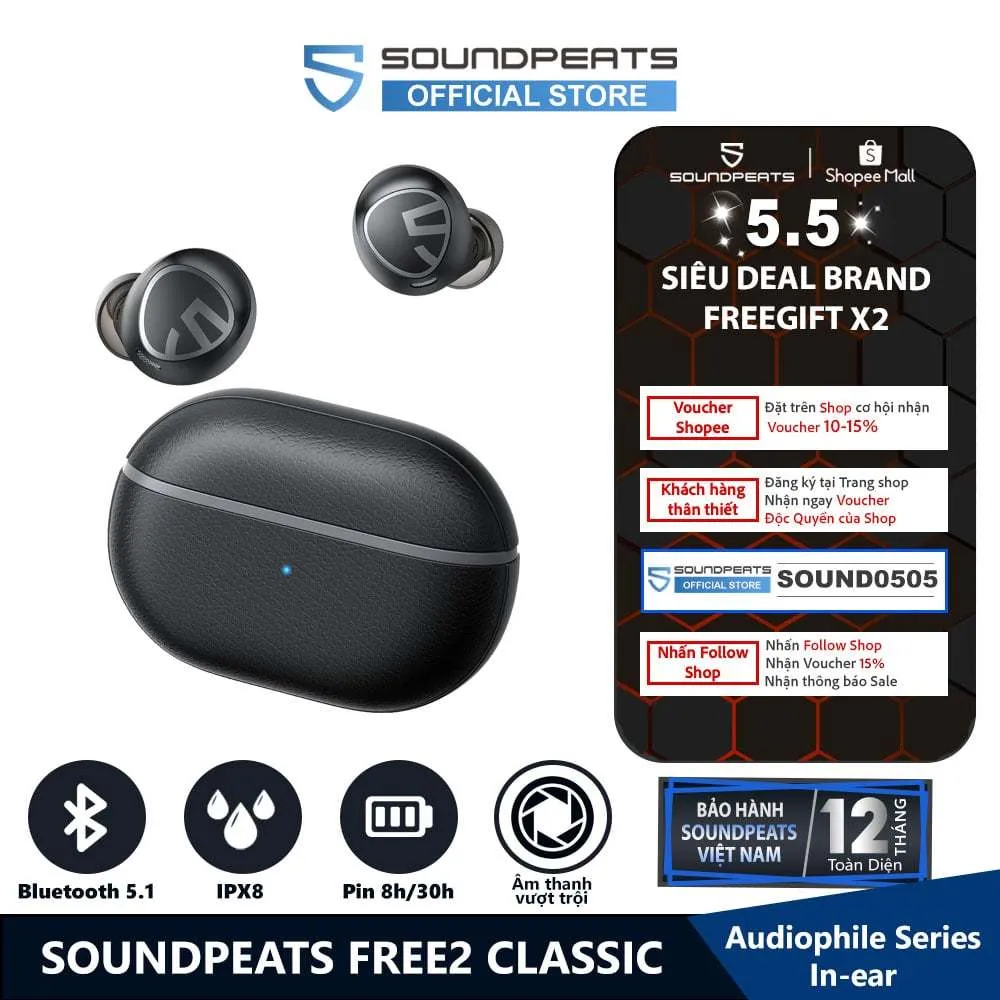 Ảnh Tai nghe True Wireless SoundPEATS Free2 Classic | Mic Hợp Kim Lọc Bụi | IPX8 | Bluetooth 5.1 1