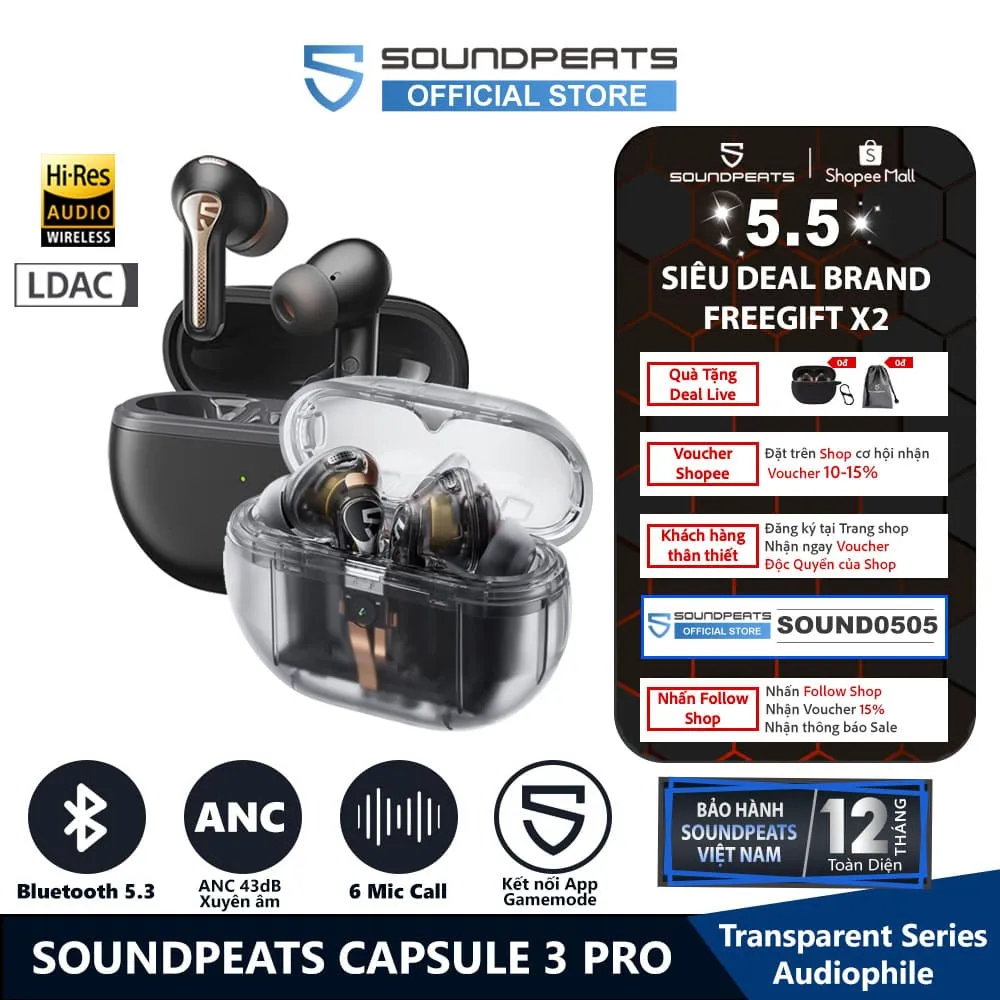 Ảnh Tai nghe True Wireless SoundPEATS Capsule 3 Pro | ANC 43dB | 6Mic Clear Call | Bluetooth 5.3 1