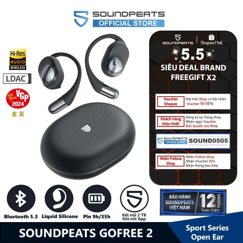 Ảnh Tai Nghe True Wireless SoundPEATS GoFree 2 Hires Pin 35h Bluetooth 5.3 (Open Ear) 1