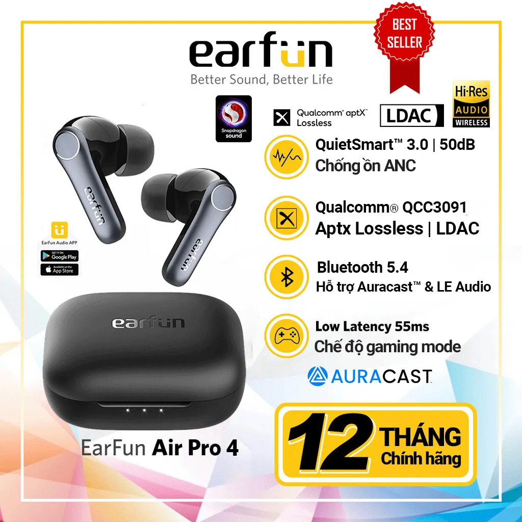 Ảnh Tai nghe True Wireless Earfun Air Pro 4 bluetooth 5.4 chống ồn Ultra ANC 50dB âm LDAC Aptx Lossless 1