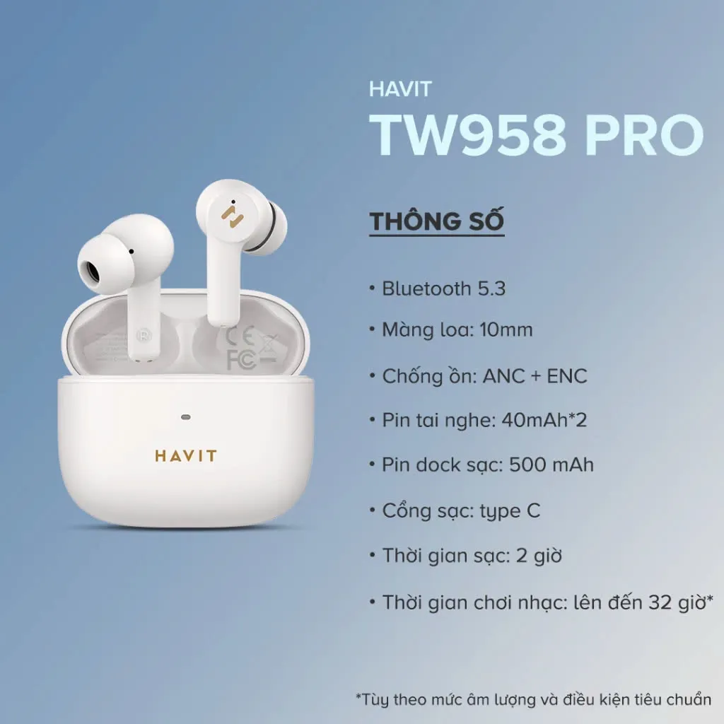 Ảnh Tai nghe True Wireless HAVIT TW958 Pro | 2 Mic chống ồn ENC - Bluetooth 5.3 - Nghe nhạc lên đến 7h | Bảo hành 12 tháng 2