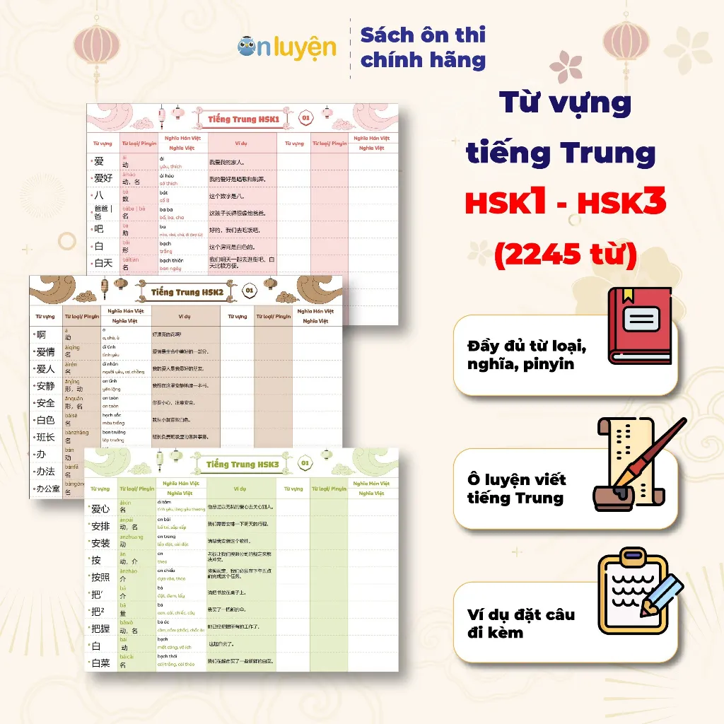 Ảnh Takenote từ vựng Tiếng Trung HSK1- HSK6 có đủ từ loại, nghĩa, pinyin, ô luyện viết, kèm ví dụ 3
